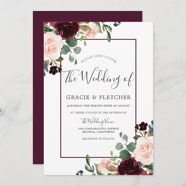 Blush & Burgundy Flowers Border Frame Wedding Invitation (Front/Back)
