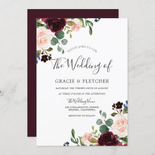 Blush & Burgundy Flowers Elegant Fall Wedding Invitation