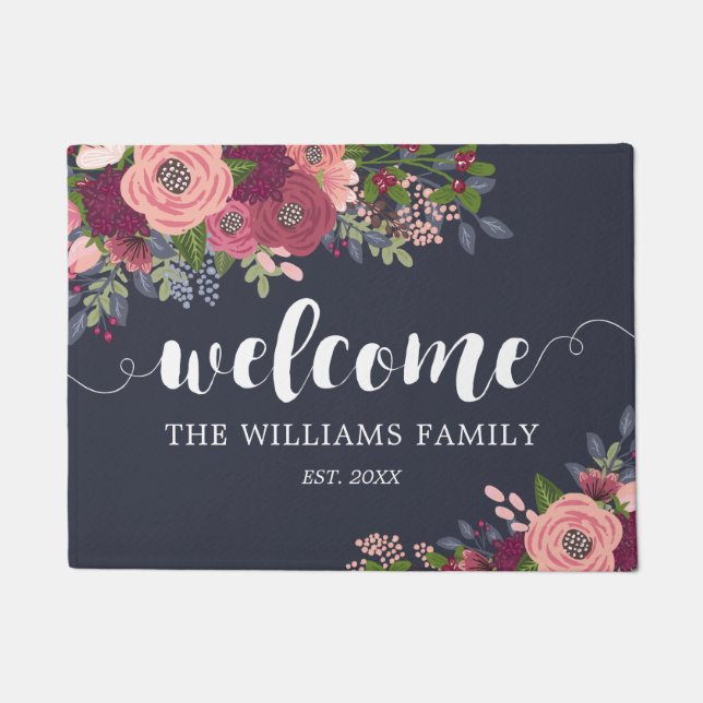 Blush & Burgundy Flowers  - Family Name - Welcome Doormat (Front)