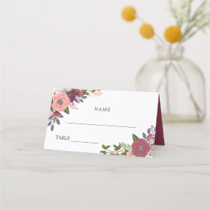 Blush & Burgundy Flowers - Names & Wedding Date Place Card