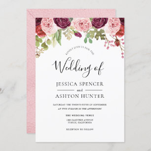 Blush & Burgundy Flowers Pastel Wedding Invitation