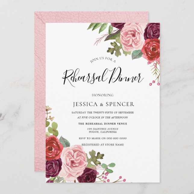 Blush Burgundy Flowers Rehearsal Dinner Invite (Front/Back)