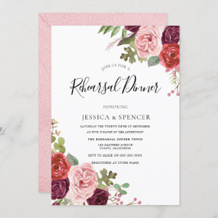 Blush Burgundy Flowers Rehearsal Dinner Invite