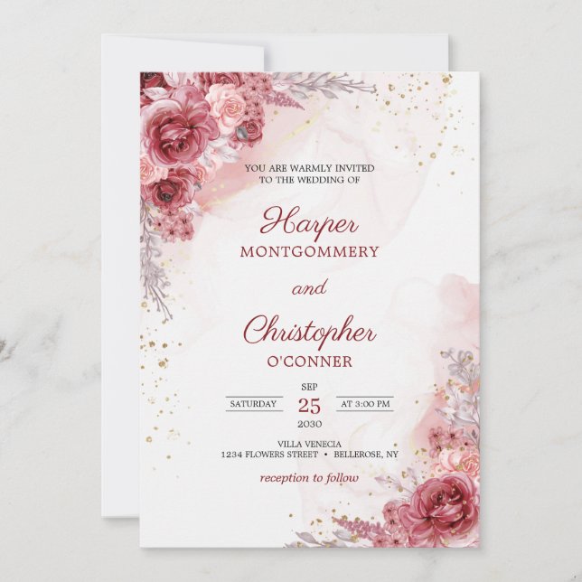 Blush Burgundy Flowers Roses Faux Gold Wedding  Invitation (Front)