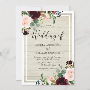 Blush & Burgundy Flowers Rustic White Wood Wedding Invitation