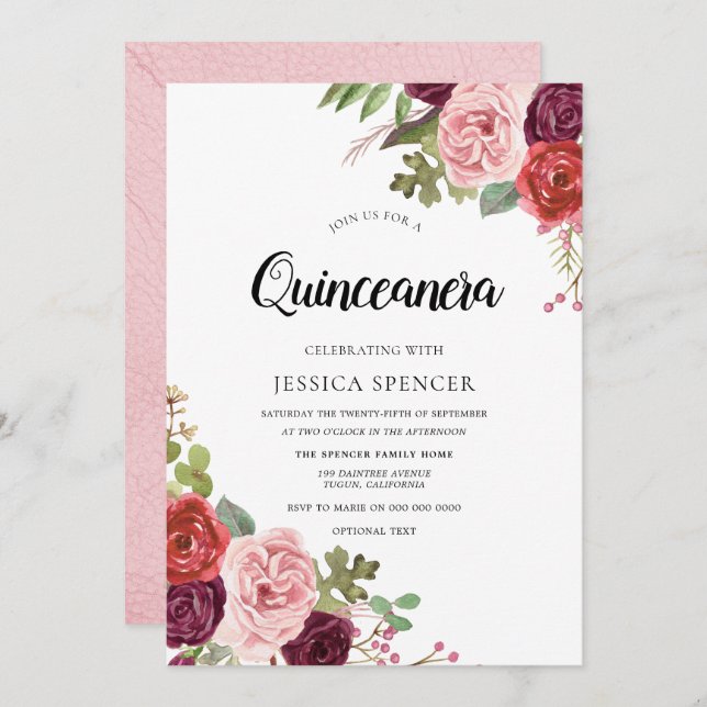 Blush & Burgundy Flowers Trendy Quinceanera Invite (Front/Back)