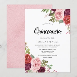 Blush & Burgundy Flowers Trendy Quinceanera Invite