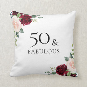 Blush Burgundy Flowers Womans 50th Birthday Gift Cushion