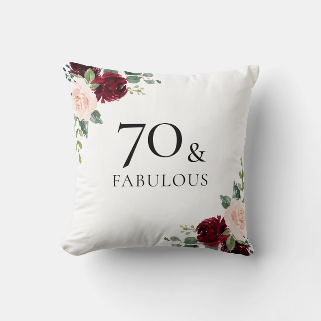 Blush Burgundy Flowers Womans 70th Birthday Gift Cushion (Front)