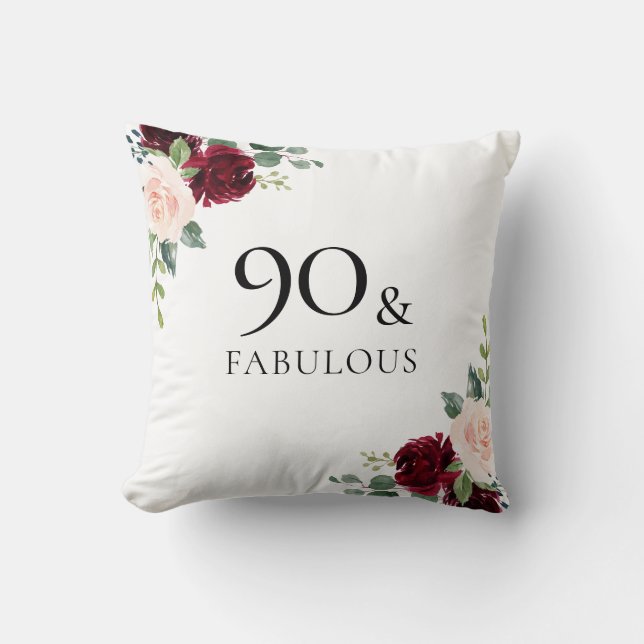 Blush Burgundy Flowers Womans 90th Birthday Gift Cushion (Front)