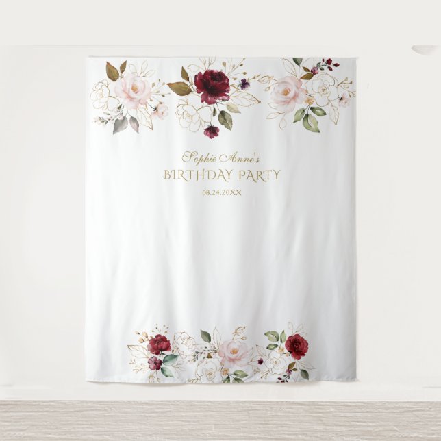 Blush Burgundy Gold Floral Birthday Photo Booth Tapestry (Front)