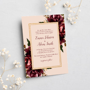 Blush Burgundy Gold Flowers Wedding Invitation