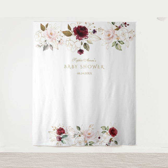 Blush Burgundy Gold Flowers Wedding Photo Booth Tapestry (Front)