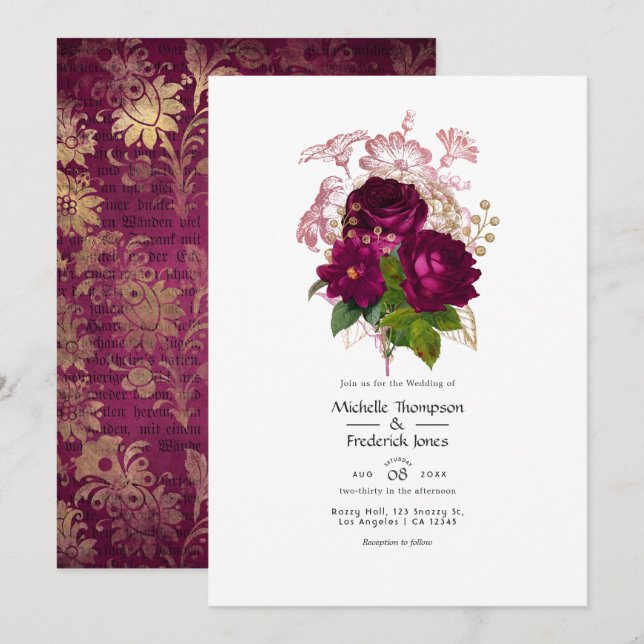 Blush Burgundy Gold Shabby Floral Wedding QR Code  Invitation (Front/Back)