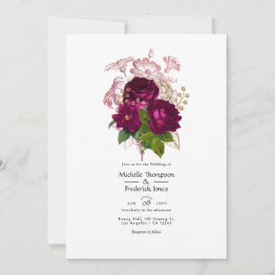 Blush Burgundy Gold Shabby Floral Wedding QR Code Invitation