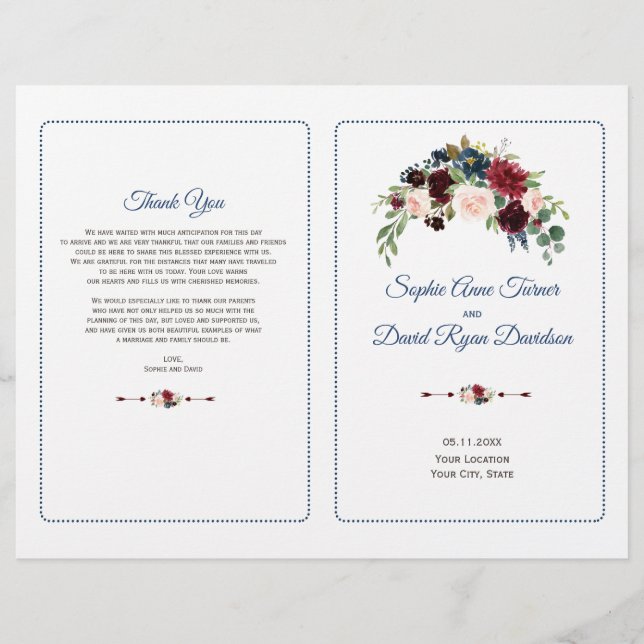 Blush Burgundy Marsala Floral Wedding Program Flyer (Front)