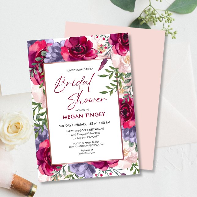 Blush Burgundy & Navy Blue Floral Bridal Shower Invitation (Creator Uploaded)