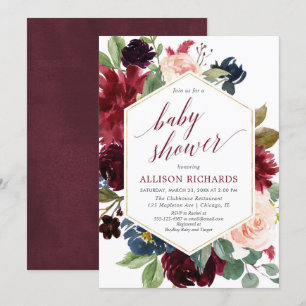 Blush burgundy navy blue girl baby shower floral invitation