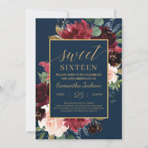 Blush burgundy navy floral boho sweet sixteen invitation