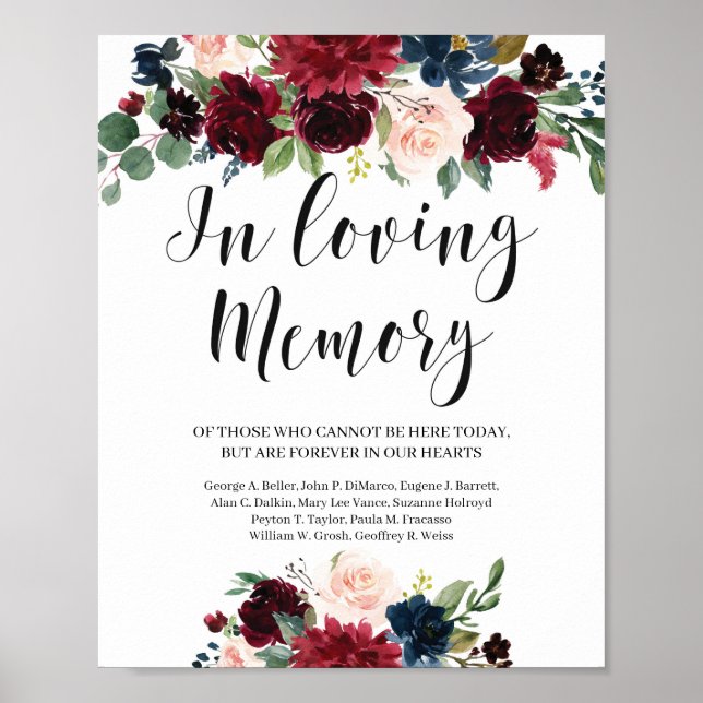 Blush burgundy navy floral in loving memory sign (Front)