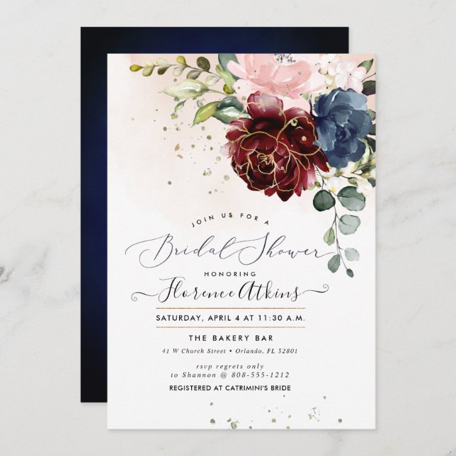 Blush Burgundy Navy Watercolor Roses Invitation (Front/Back)