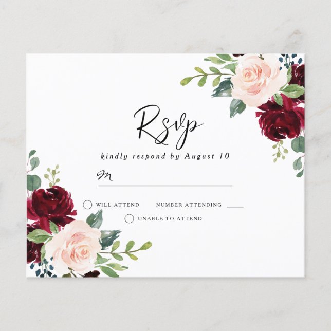 Blush & Burgundy On a Budget Wedding RSVP (Front)