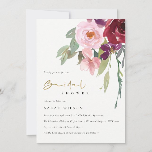 BLUSH BURGUNDY PEACH  FLORAL BRIDAL SHOWER INVITE (Front)