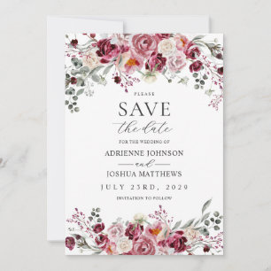 Blush & Burgundy Peony Roses Wedding Save The Date Invitation