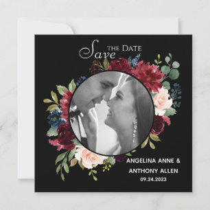 Blush Burgundy Photo Floral Elegant Watercolor Save The Date