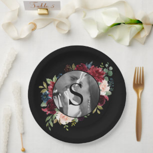 Blush Burgundy Photo Monogram Floral Wedding Paper Plate
