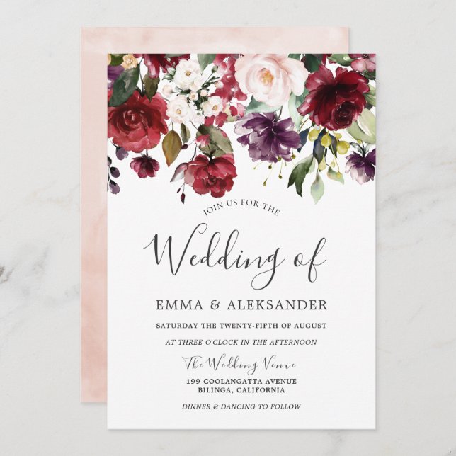 Blush Burgundy Purple Watercolor Floral Wedding Invitation (Front/Back)