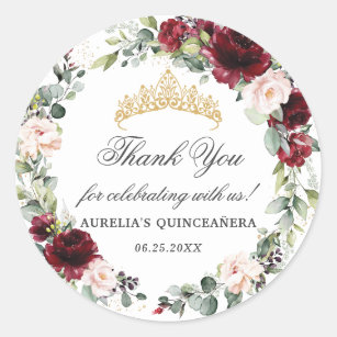 Blush Burgundy Quinceañera Thank You Favour  Classic Round Sticker