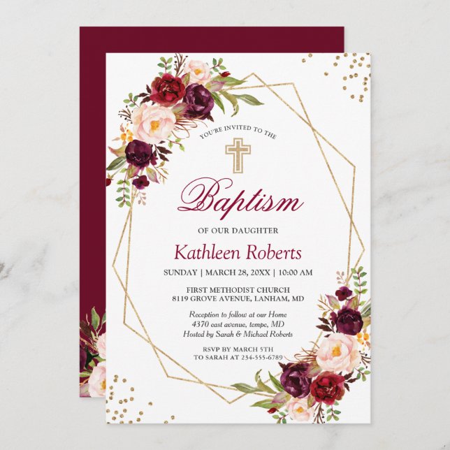 Blush Burgundy Red Floral Baptism Christening Invitation (Front/Back)