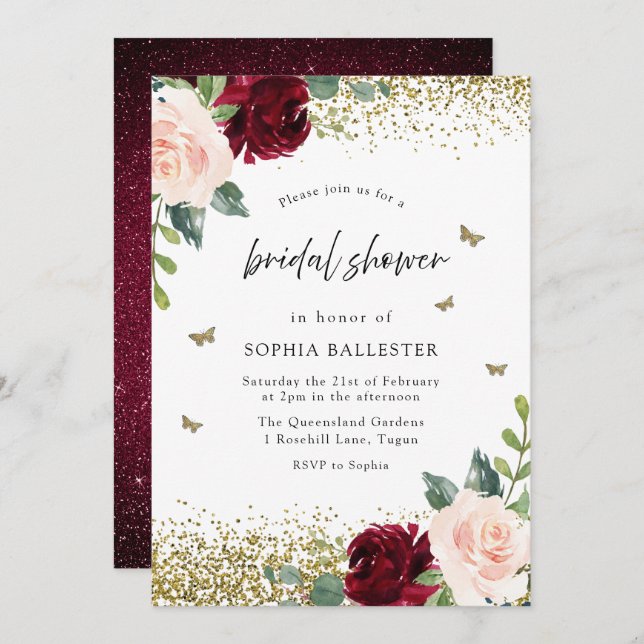Blush & Burgundy Red Flowers Bridal Shower Invitation (Front/Back)