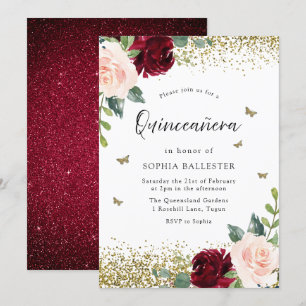 Blush & Burgundy Red Flowers Quinceanera Party Invitation