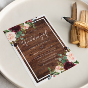 Blush & Burgundy Red Flowers Rustic Wood Wedding Invitation