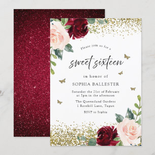 Blush & Burgundy Red Flowers Sweet 16 Party Invitation