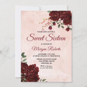 Blush Burgundy Red Rose Floral Sweet 16 Invite