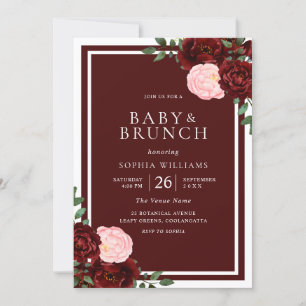 Blush & Burgundy Red Roses Baby Shower Brunch Invitation
