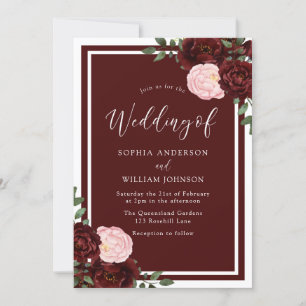 Blush & Burgundy Red Roses Elegant Wedding Invitation