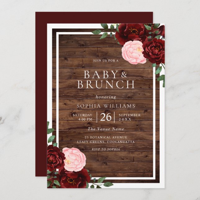 Blush & Burgundy Red Roses Rustic Wood Baby Shower Invitation (Front/Back)