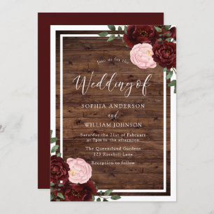 Blush & Burgundy Red Roses Rustic Wood Wedding Invitation
