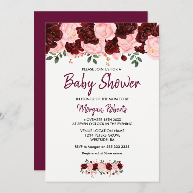Blush Burgundy Rose Baby Shower Script Invite (Front/Back)