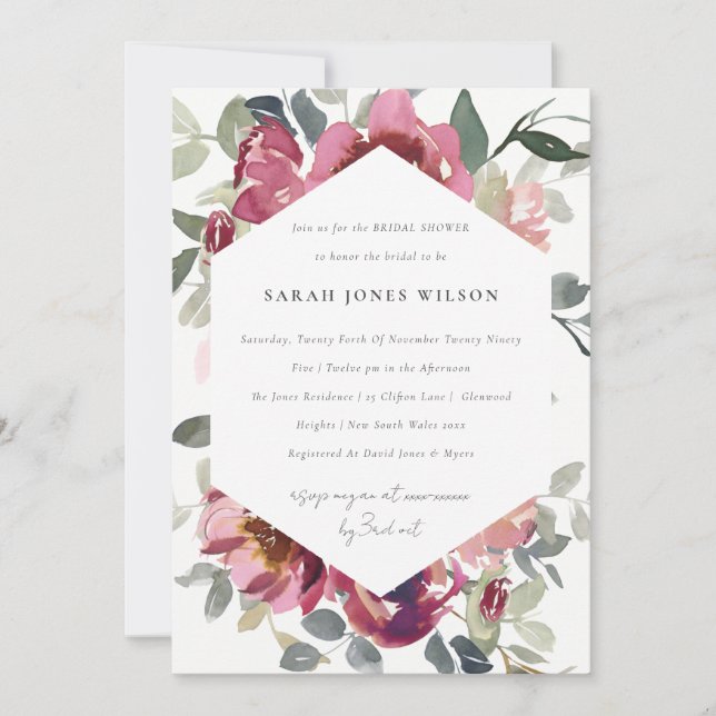 BLUSH BURGUNDY ROSE FLORAL BRIDAL SHOWER INVITE (Front)