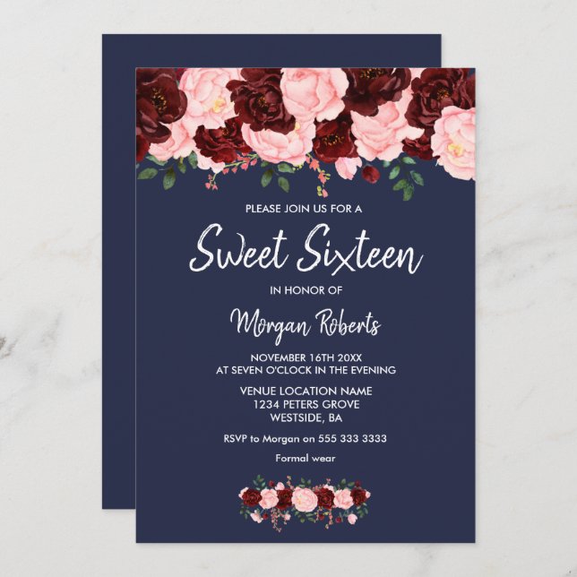 Blush Burgundy Rose Navy Blue Sweet 16 Invite (Front/Back)