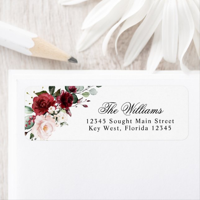 Blush & Burgundy Rose Return Address Labels (Insitu)