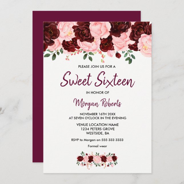 Blush Burgundy Rose Sweet 16 Script Invite (Front/Back)