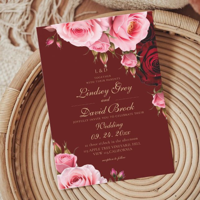 Blush Burgundy Roses Florals Wedding Invitation (Creator Uploaded)