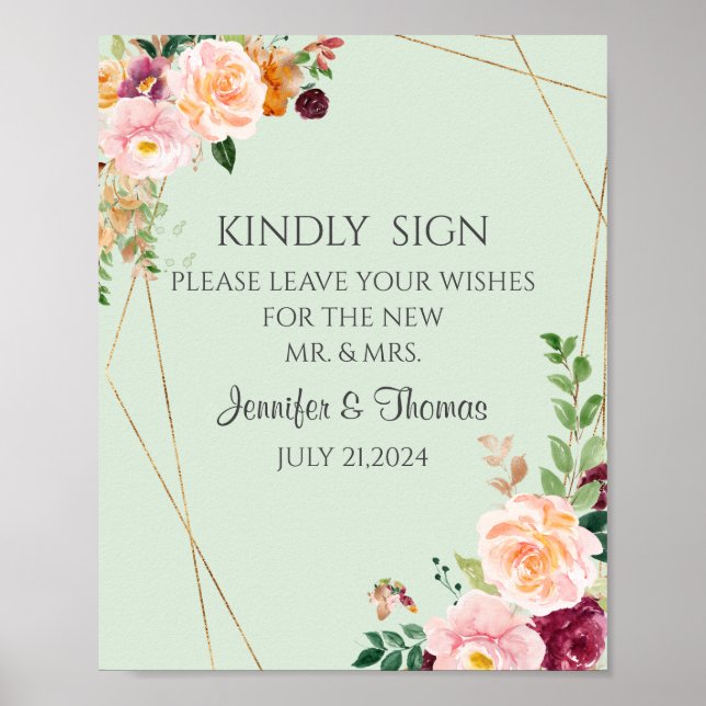 Blush & Burgundy Roses wedding Sign (Front)