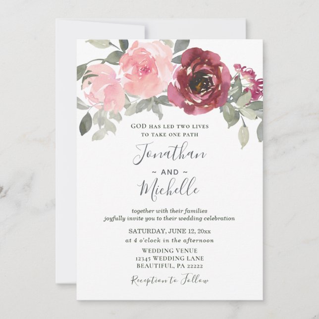 Blush Burgundy Silver Floral Christian Wedding Invitation (Front)